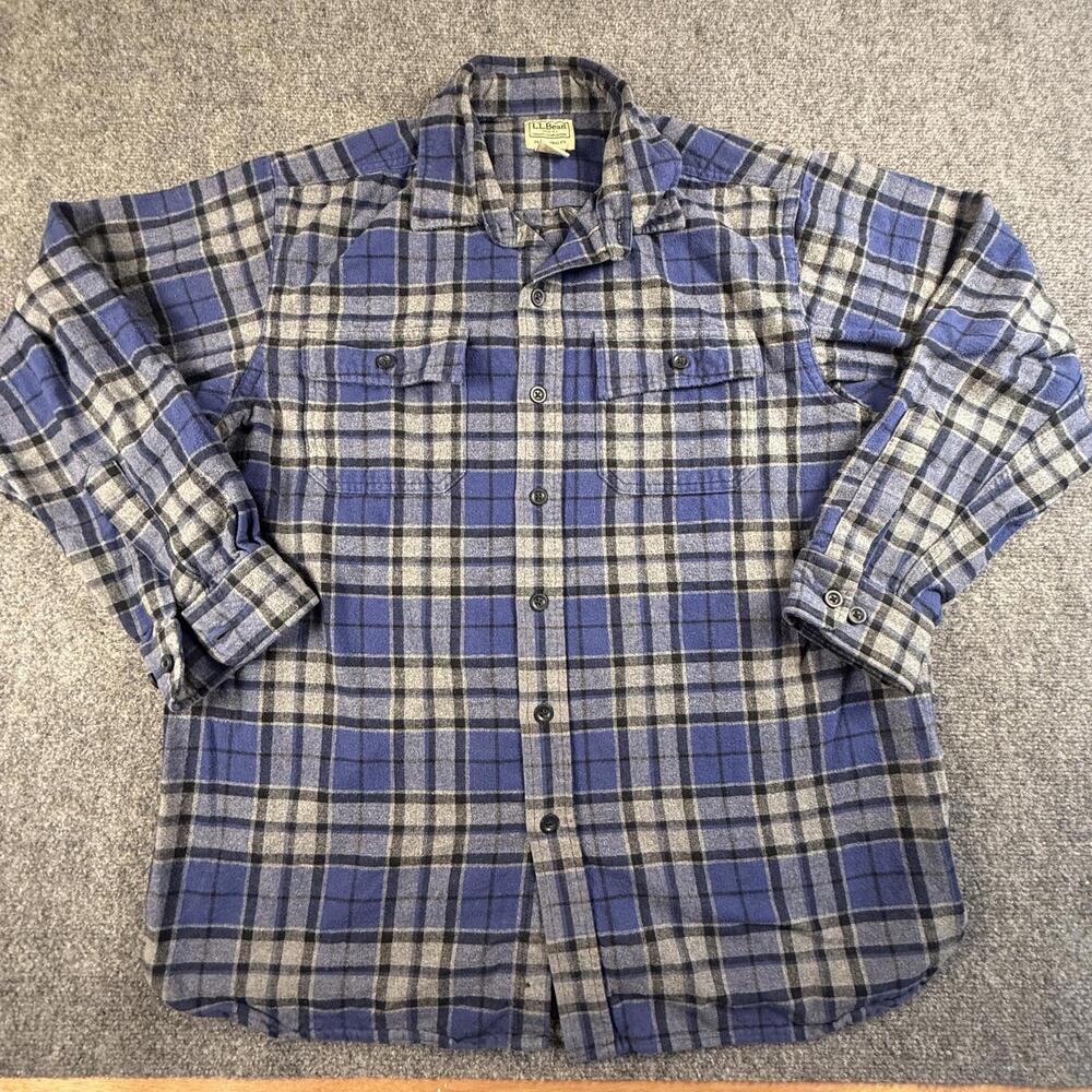 L.L.Bean Mens Traditional Fit Blue Gray Plaid Flannel Shirt Large Reg 277981